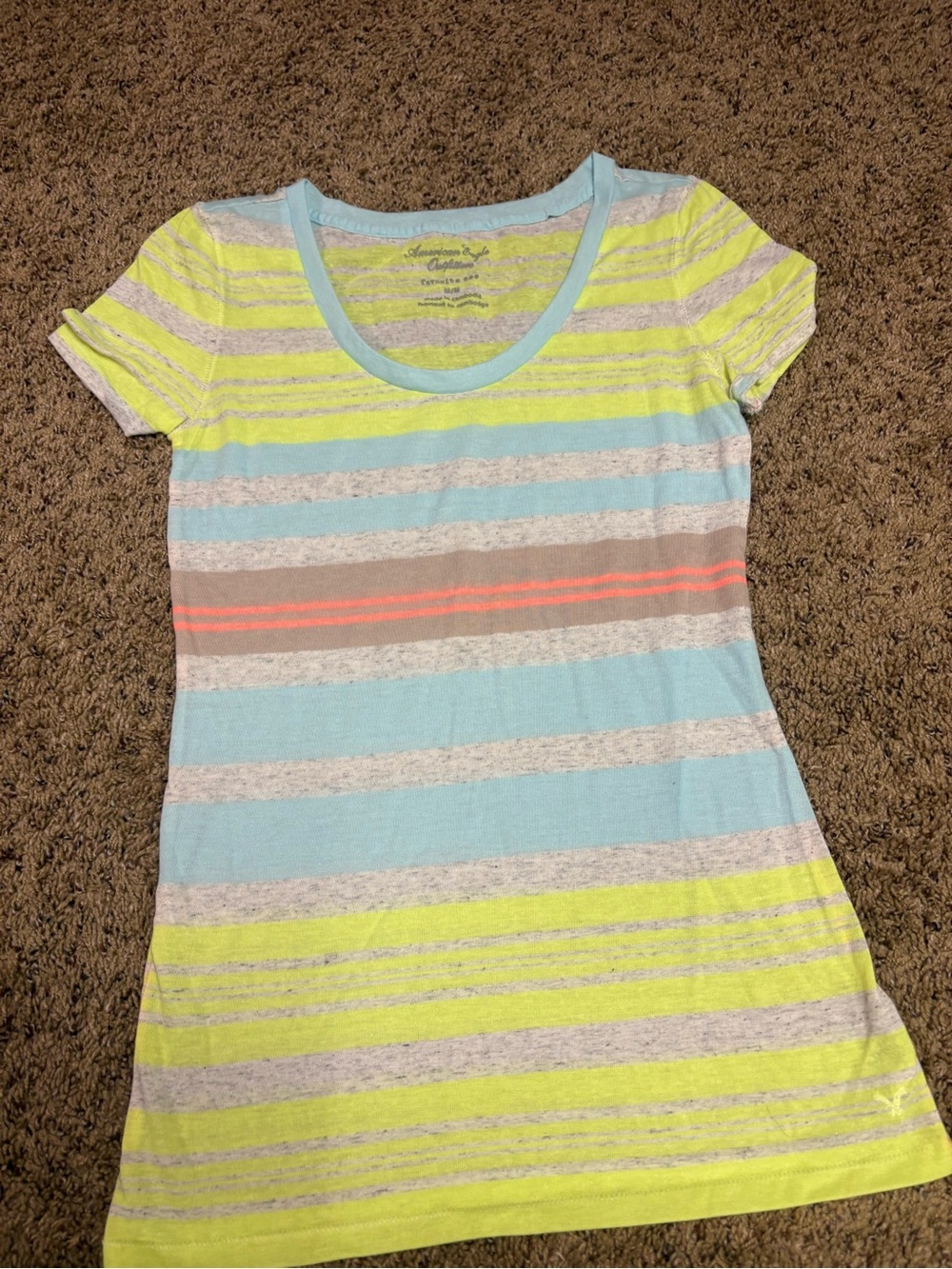 American Eagle Striped Scoop Neck Tee in Pastel Yellow, Blue & Gray